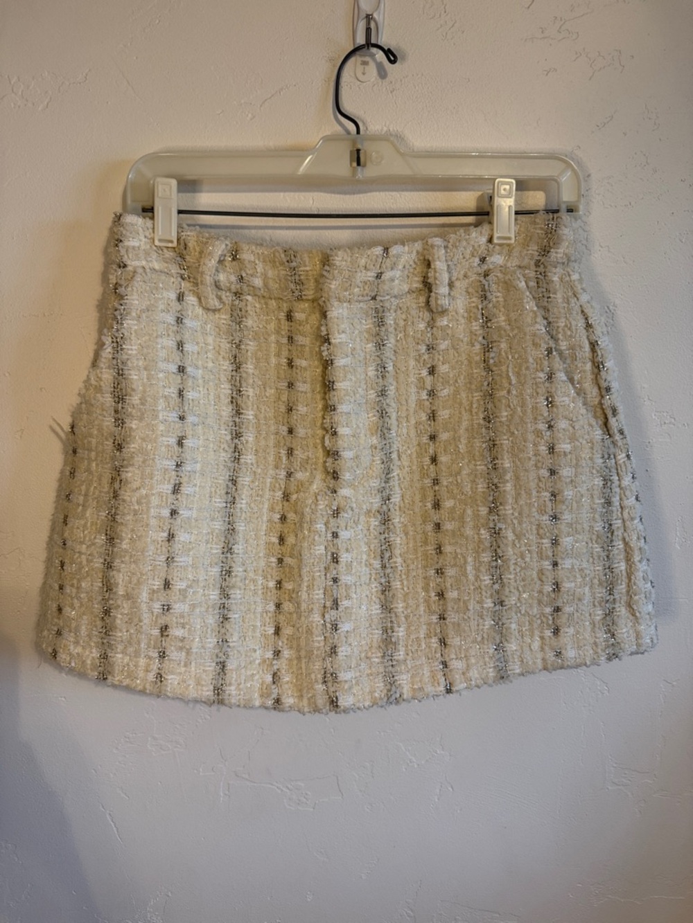 Neutral Cream Bouclé Mini Skort with Subtle Stripe Detail
